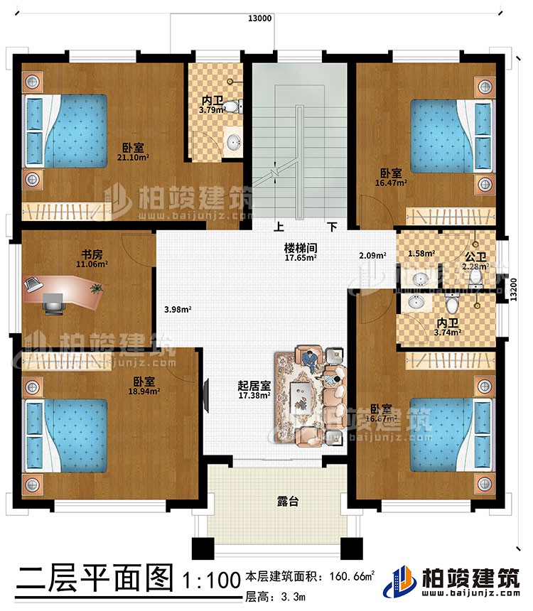 二層：起居室、樓梯間、4臥室、書房、公衛、內衛、露台