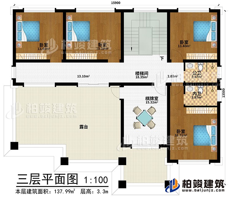 三層：樓梯間、棋牌室、4臥室、公衛、內衛、露台