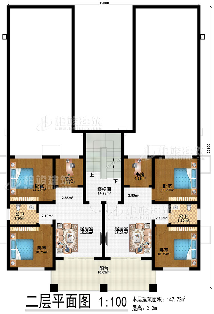 二層：2起居室、2書房、4臥室、2公衛、樓梯間、陽台